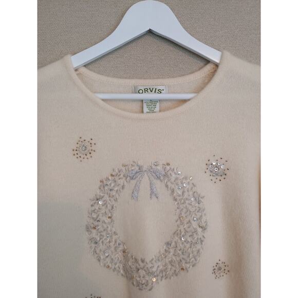 Orvis Sweater Women Large Off White Christmas Wreath Holiday Soft Cozy Festive - Picture 5 of 12